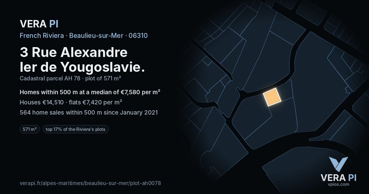 3 Rue Alexandre Ier de Yougoslavie, Beaulieu-sur-Mer at night – the plot lit, the parcels around coloured by the prices near them