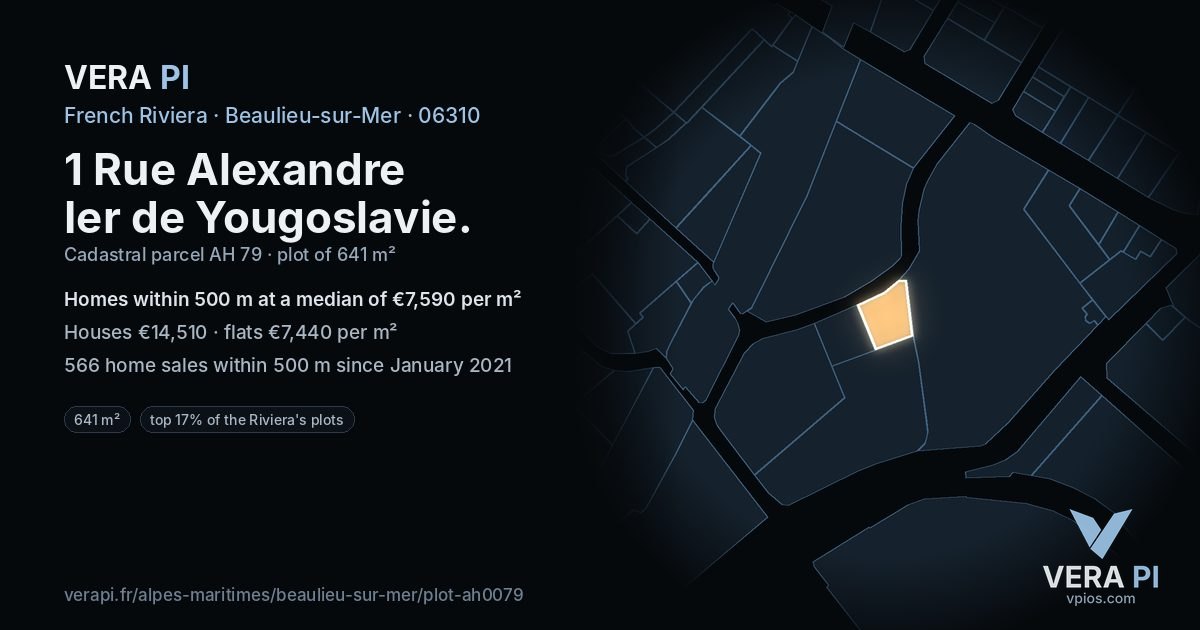 1 Rue Alexandre Ier de Yougoslavie, Beaulieu-sur-Mer at night – the plot lit, the parcels around coloured by the prices near them