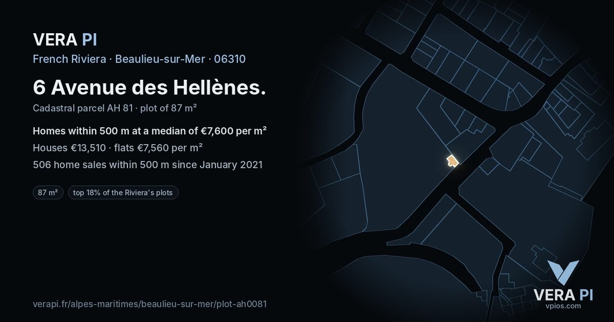6 Avenue des Hellènes, Beaulieu-sur-Mer at night – the plot lit, the parcels around coloured by the prices near them
