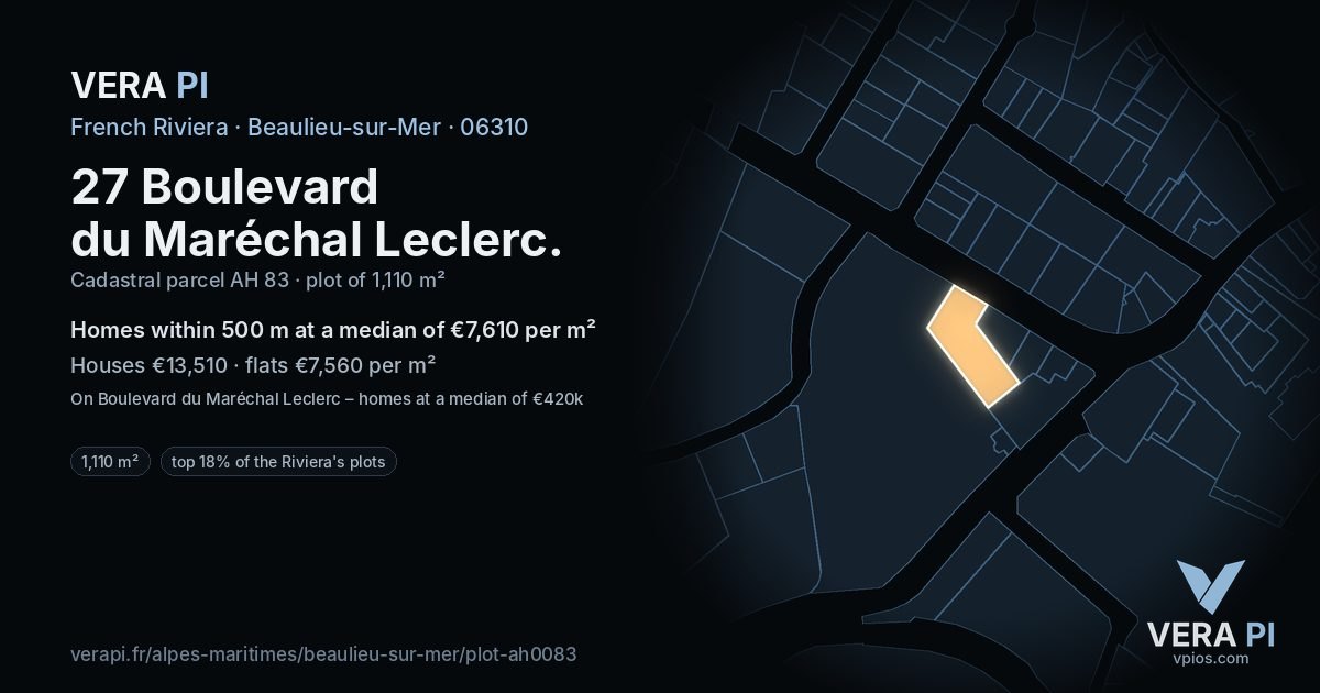 27 Boulevard du Maréchal Leclerc, Beaulieu-sur-Mer at night – the plot lit, the parcels around coloured by the prices near them
