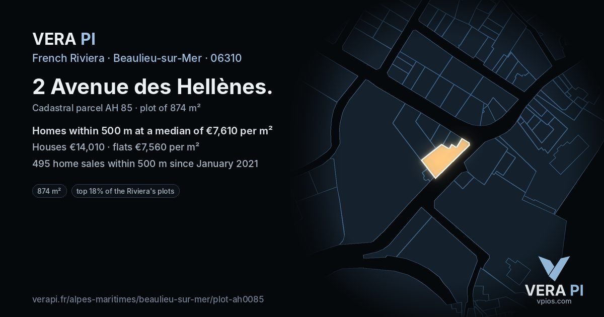 2 Avenue des Hellènes, Beaulieu-sur-Mer at night – the plot lit, the parcels around coloured by the prices near them