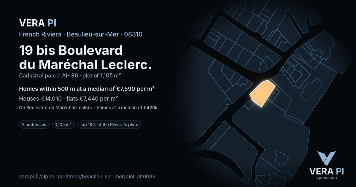 19 bis Boulevard du Maréchal Leclerc, Beaulieu-sur-Mer at night – the plot lit, the parcels around coloured by the prices near them