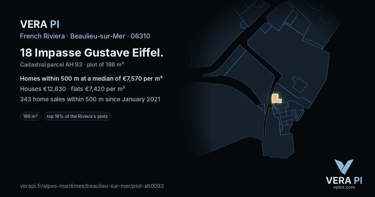 18 Impasse Gustave Eiffel, Beaulieu-sur-Mer at night – the plot lit, the parcels around coloured by the prices near them