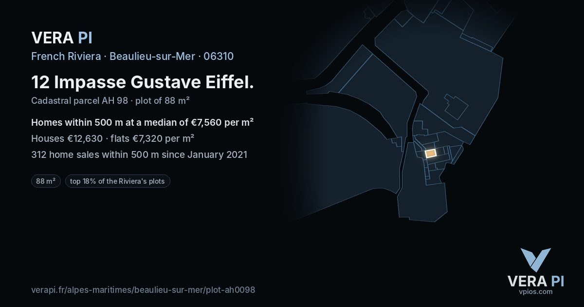 12 Impasse Gustave Eiffel, Beaulieu-sur-Mer at night – the plot lit, the parcels around coloured by the prices near them