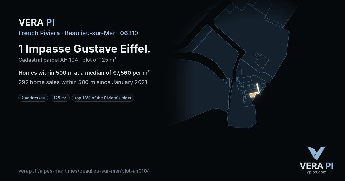 1 Impasse Gustave Eiffel, Beaulieu-sur-Mer at night – the plot lit, the parcels around coloured by the prices near them