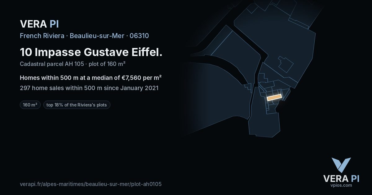 10 Impasse Gustave Eiffel, Beaulieu-sur-Mer at night – the plot lit, the parcels around coloured by the prices near them