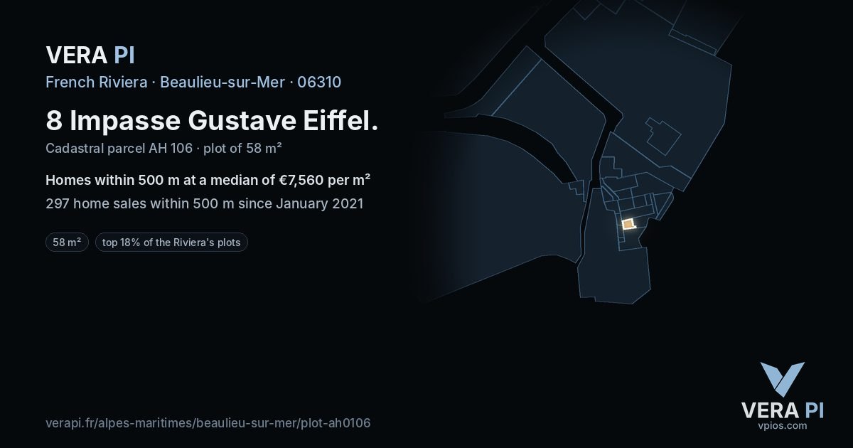 8 Impasse Gustave Eiffel, Beaulieu-sur-Mer at night – the plot lit, the parcels around coloured by the prices near them