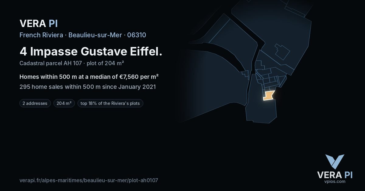 4 Impasse Gustave Eiffel, Beaulieu-sur-Mer at night – the plot lit, the parcels around coloured by the prices near them