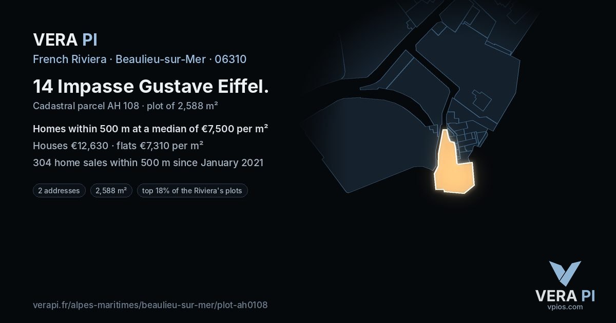 14 Impasse Gustave Eiffel, Beaulieu-sur-Mer at night – the plot lit, the parcels around coloured by the prices near them