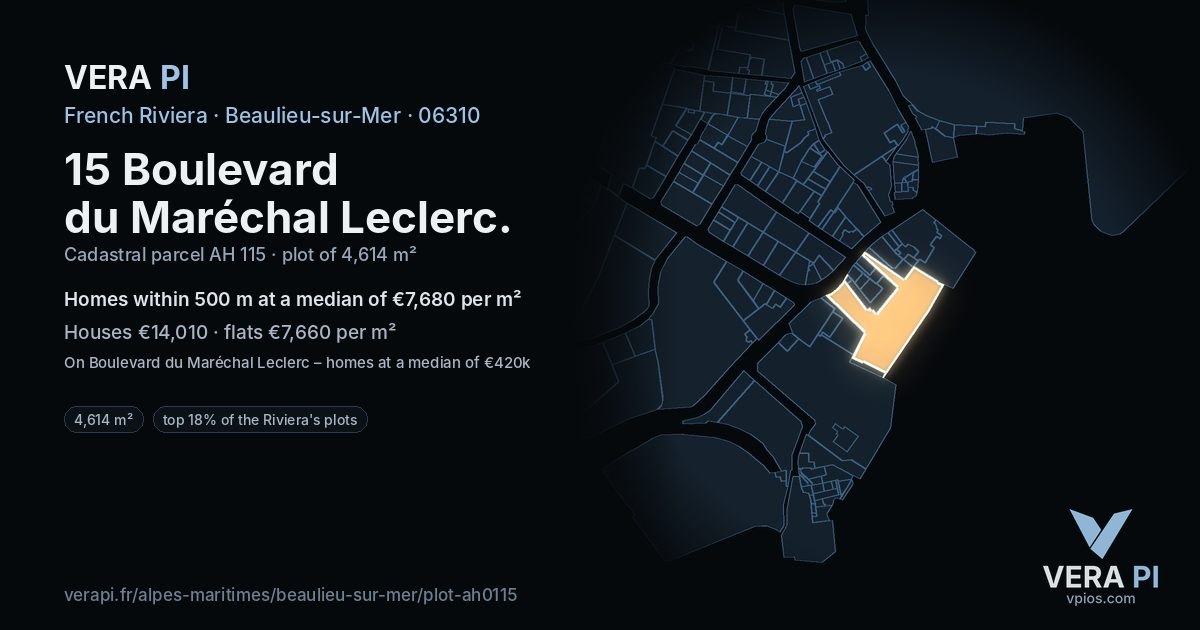 15 Boulevard du Maréchal Leclerc, Beaulieu-sur-Mer at night – the plot lit, the parcels around coloured by the prices near them