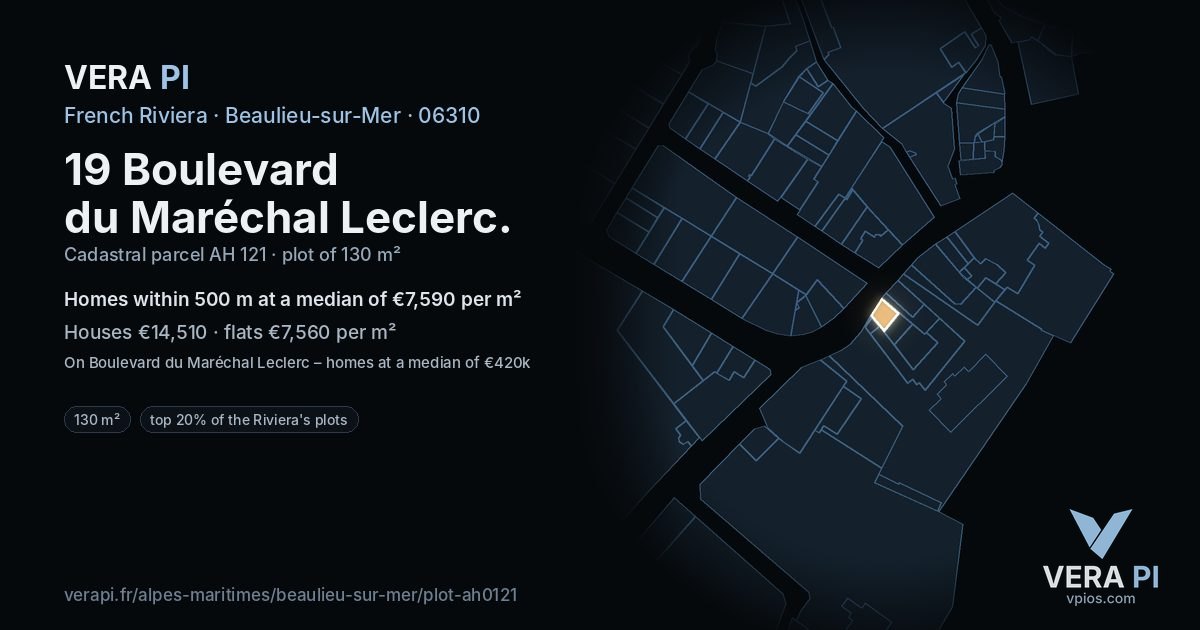 19 Boulevard du Maréchal Leclerc, Beaulieu-sur-Mer at night – the plot lit, the parcels around coloured by the prices near them