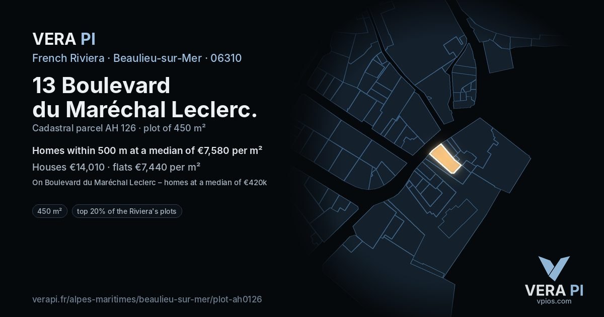 13 Boulevard du Maréchal Leclerc, Beaulieu-sur-Mer at night – the plot lit, the parcels around coloured by the prices near them