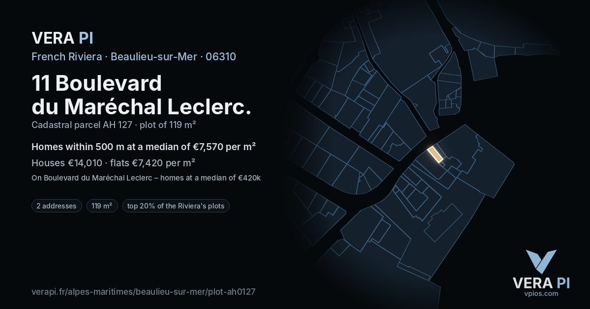 11 Boulevard du Maréchal Leclerc, Beaulieu-sur-Mer at night – the plot lit, the parcels around coloured by the prices near them