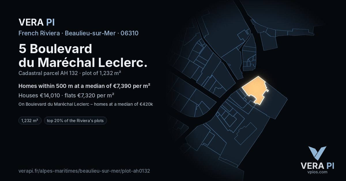 5 Boulevard du Maréchal Leclerc, Beaulieu-sur-Mer at night – the plot lit, the parcels around coloured by the prices near them