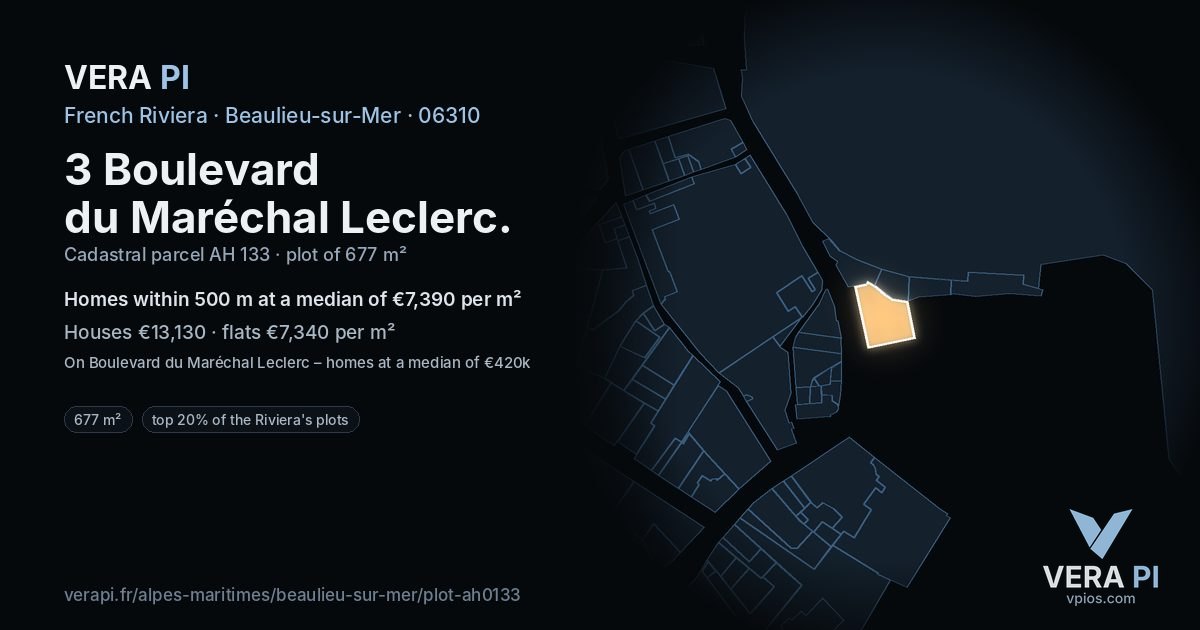 3 Boulevard du Maréchal Leclerc, Beaulieu-sur-Mer at night – the plot lit, the parcels around coloured by the prices near them