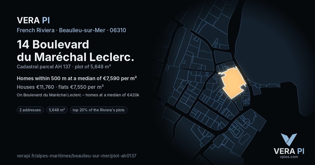 14 Boulevard du Maréchal Leclerc, Beaulieu-sur-Mer at night – the plot lit, the parcels around coloured by the prices near them