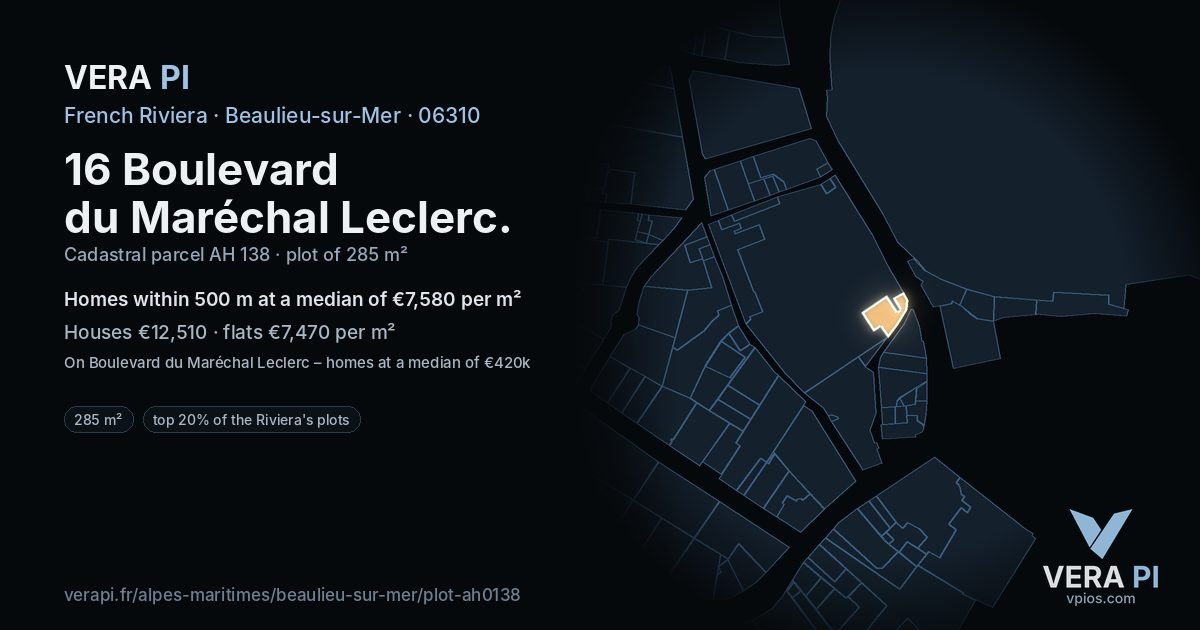 16 Boulevard du Maréchal Leclerc, Beaulieu-sur-Mer at night – the plot lit, the parcels around coloured by the prices near them