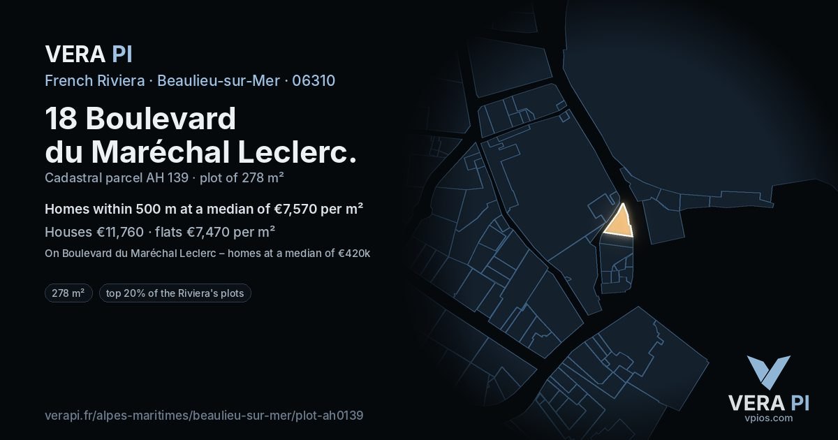 18 Boulevard du Maréchal Leclerc, Beaulieu-sur-Mer at night – the plot lit, the parcels around coloured by the prices near them