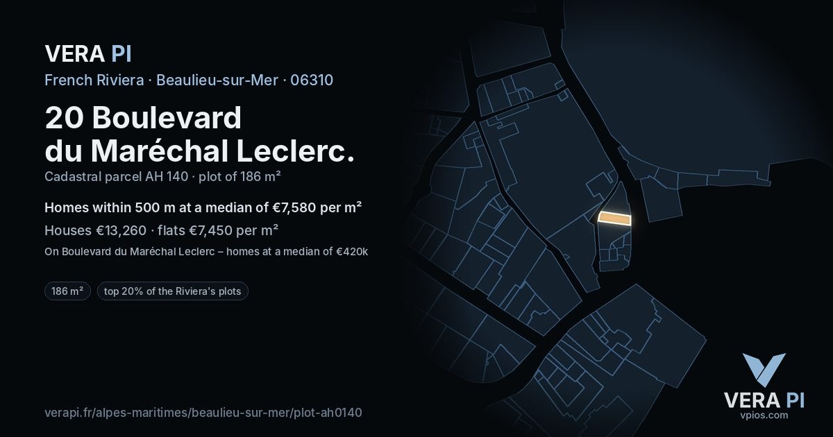 20 Boulevard du Maréchal Leclerc, Beaulieu-sur-Mer at night – the plot lit, the parcels around coloured by the prices near them