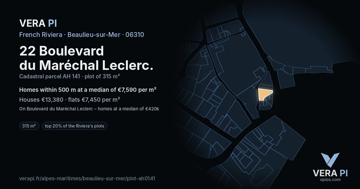 22 Boulevard du Maréchal Leclerc, Beaulieu-sur-Mer at night – the plot lit, the parcels around coloured by the prices near them