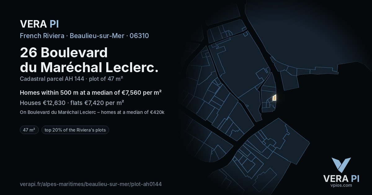 26 Boulevard du Maréchal Leclerc, Beaulieu-sur-Mer at night – the plot lit, the parcels around coloured by the prices near them