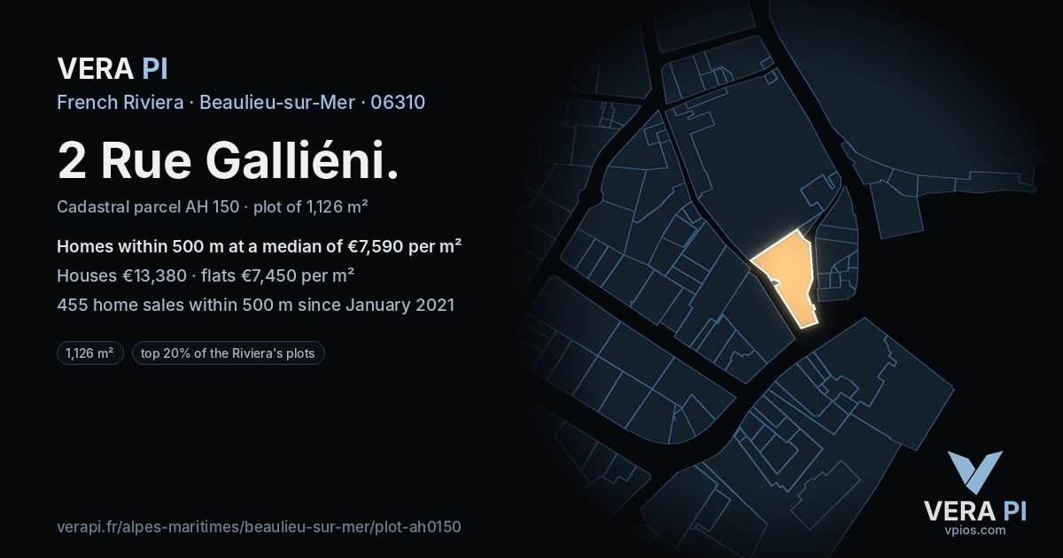 2 Rue Galliéni, Beaulieu-sur-Mer at night – the plot lit, the parcels around coloured by the prices near them