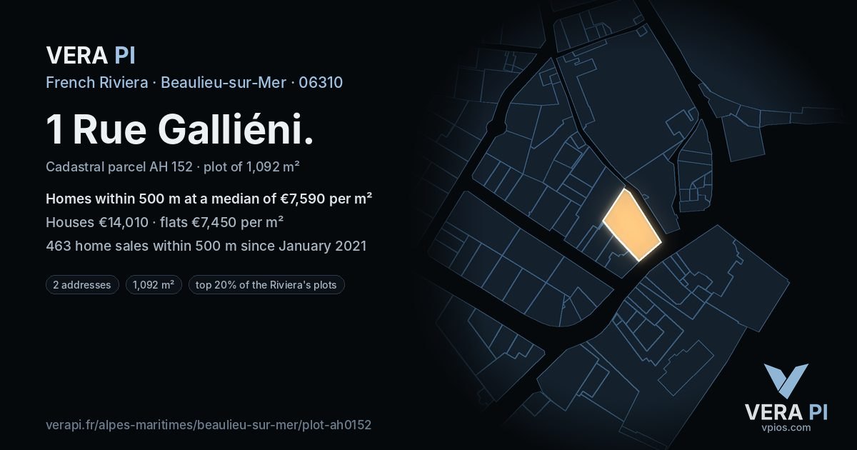 1 Rue Galliéni, Beaulieu-sur-Mer at night – the plot lit, the parcels around coloured by the prices near them