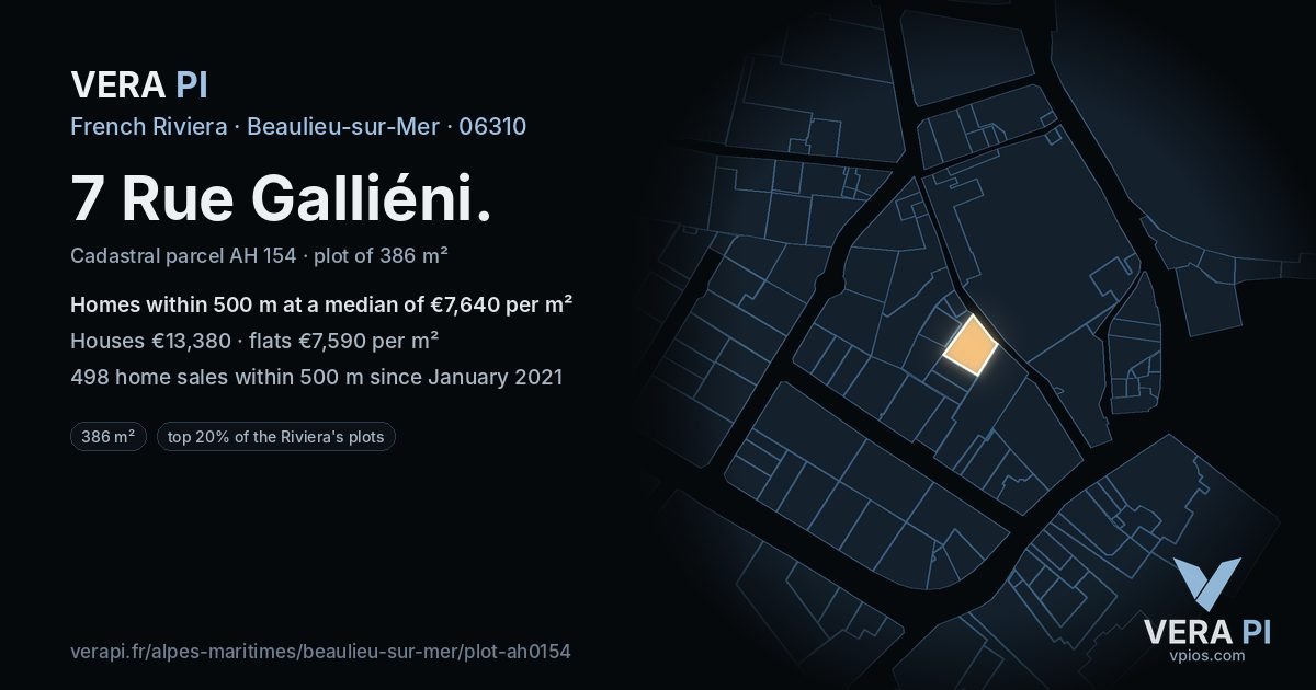 7 Rue Galliéni, Beaulieu-sur-Mer at night – the plot lit, the parcels around coloured by the prices near them