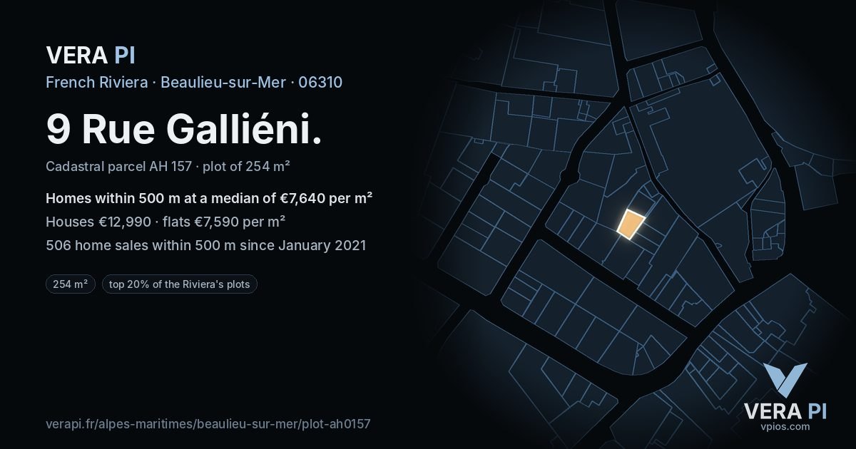 9 Rue Galliéni, Beaulieu-sur-Mer at night – the plot lit, the parcels around coloured by the prices near them
