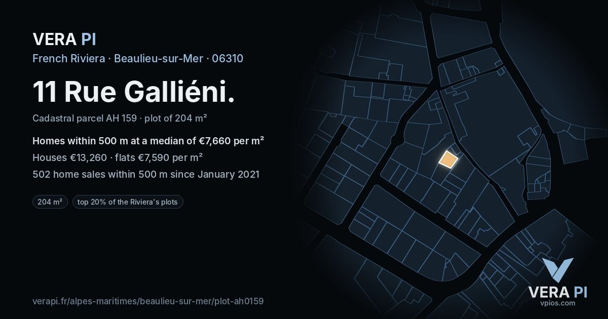 11 Rue Galliéni, Beaulieu-sur-Mer at night – the plot lit, the parcels around coloured by the prices near them