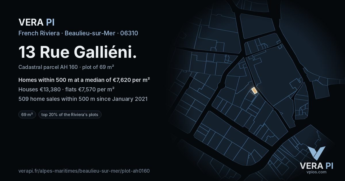 13 Rue Galliéni, Beaulieu-sur-Mer at night – the plot lit, the parcels around coloured by the prices near them