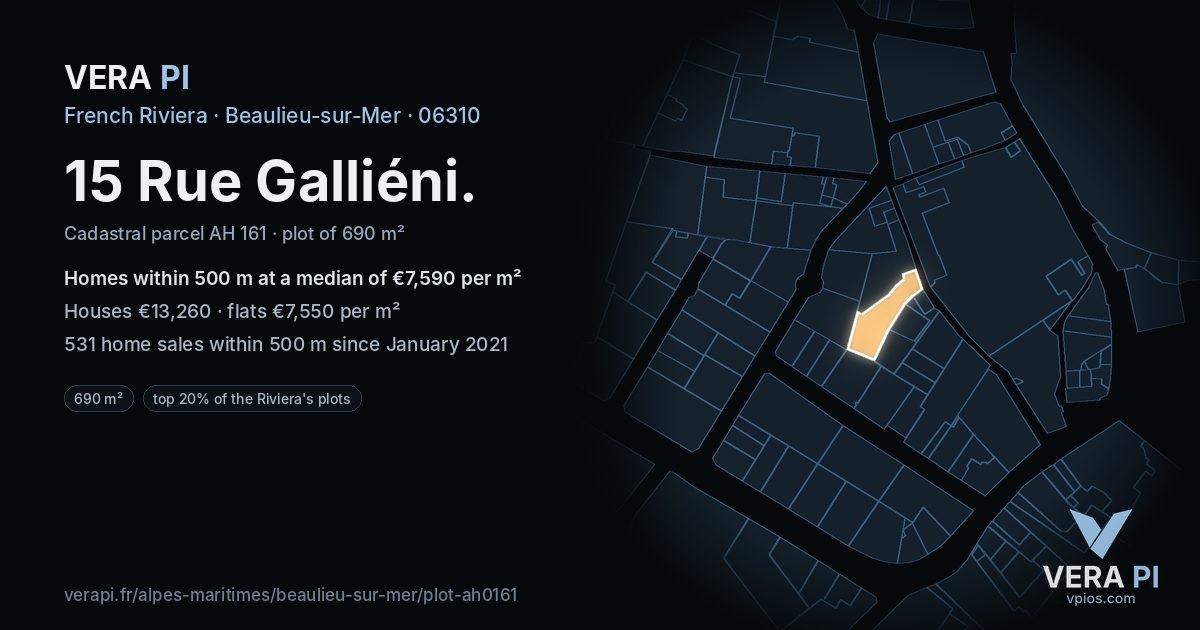 15 Rue Galliéni, Beaulieu-sur-Mer at night – the plot lit, the parcels around coloured by the prices near them