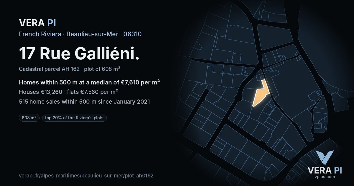 17 Rue Galliéni, Beaulieu-sur-Mer at night – the plot lit, the parcels around coloured by the prices near them