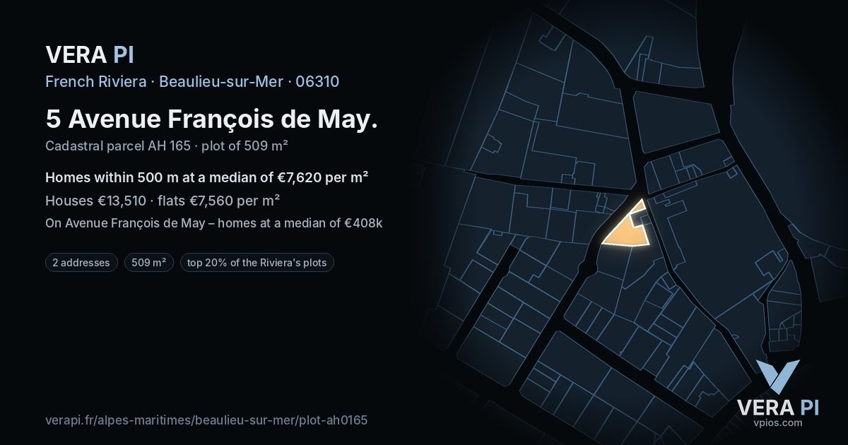 5 Avenue François de May, Beaulieu-sur-Mer at night – the plot lit, the parcels around coloured by the prices near them