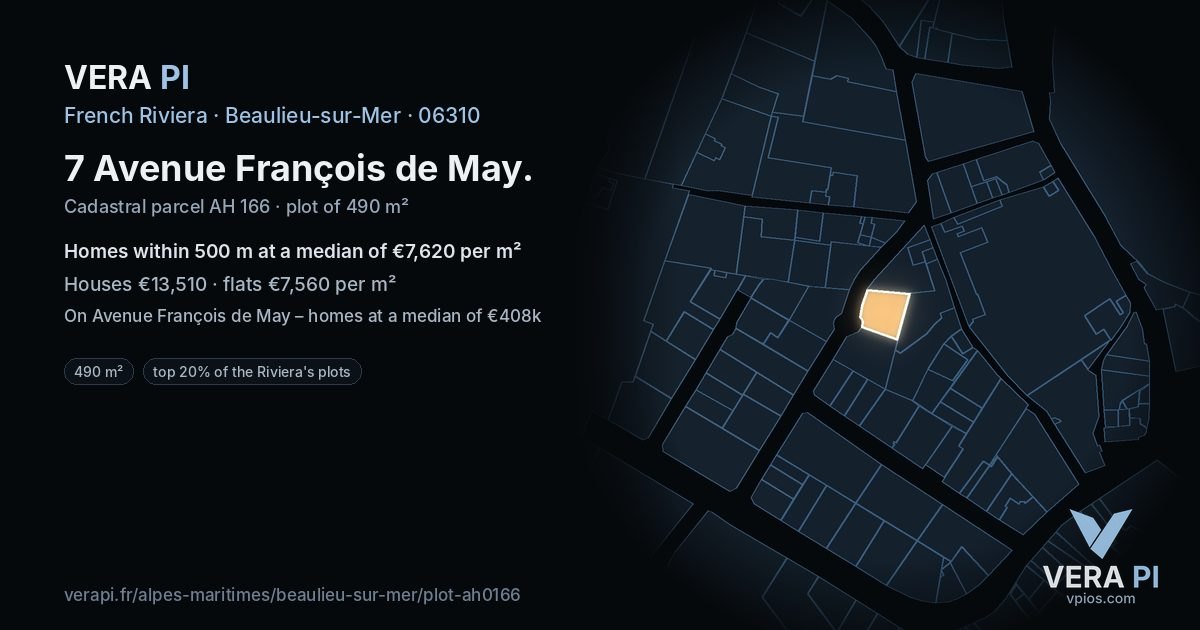 7 Avenue François de May, Beaulieu-sur-Mer at night – the plot lit, the parcels around coloured by the prices near them