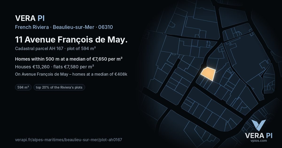 11 Avenue François de May, Beaulieu-sur-Mer at night – the plot lit, the parcels around coloured by the prices near them