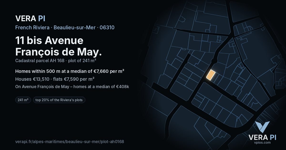 11 bis Avenue François de May, Beaulieu-sur-Mer at night – the plot lit, the parcels around coloured by the prices near them