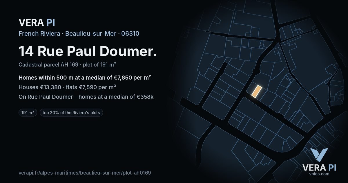 14 Rue Paul Doumer, Beaulieu-sur-Mer at night – the plot lit, the parcels around coloured by the prices near them