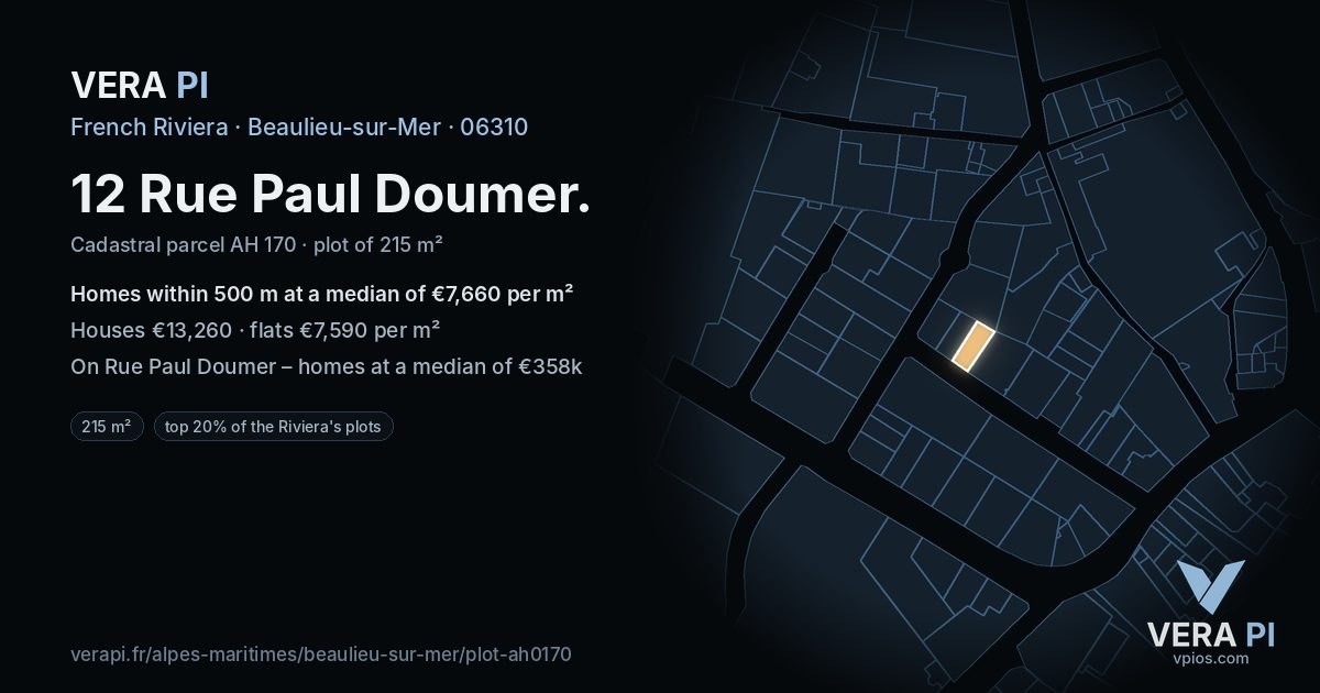 12 Rue Paul Doumer, Beaulieu-sur-Mer at night – the plot lit, the parcels around coloured by the prices near them