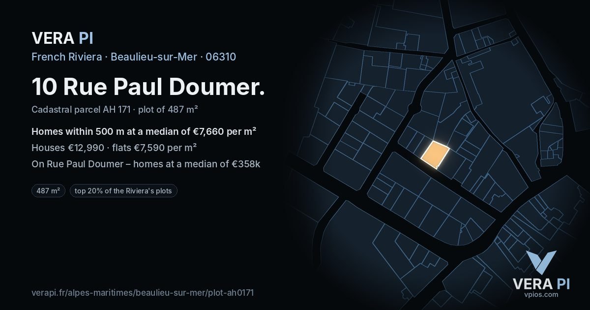 10 Rue Paul Doumer, Beaulieu-sur-Mer at night – the plot lit, the parcels around coloured by the prices near them