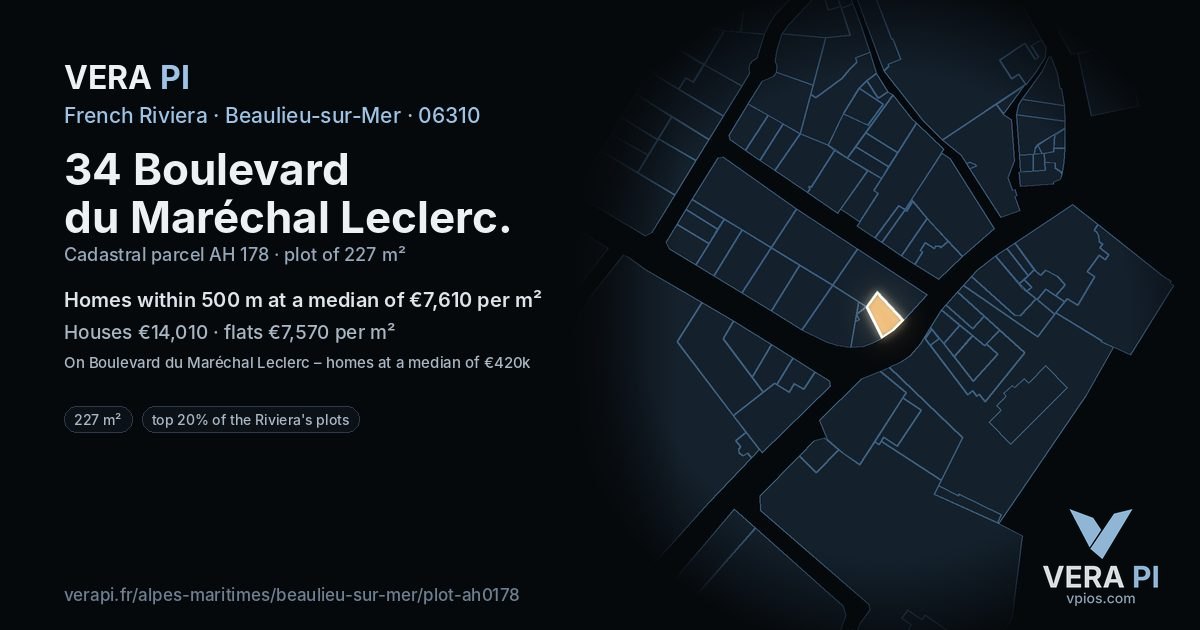 34 Boulevard du Maréchal Leclerc, Beaulieu-sur-Mer at night – the plot lit, the parcels around coloured by the prices near them