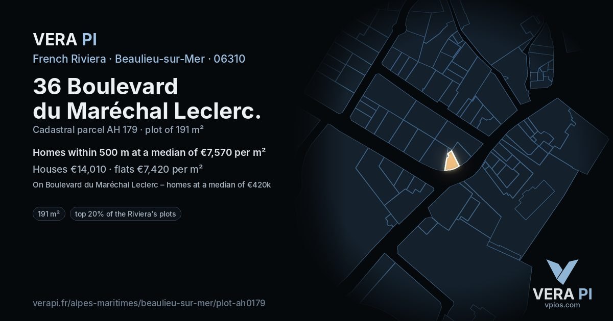 36 Boulevard du Maréchal Leclerc, Beaulieu-sur-Mer at night – the plot lit, the parcels around coloured by the prices near them