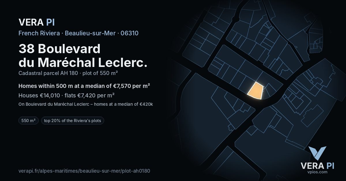 38 Boulevard du Maréchal Leclerc, Beaulieu-sur-Mer at night – the plot lit, the parcels around coloured by the prices near them