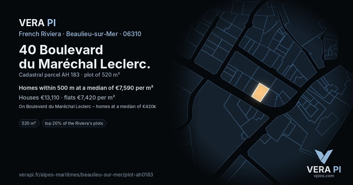 40 Boulevard du Maréchal Leclerc, Beaulieu-sur-Mer at night – the plot lit, the parcels around coloured by the prices near them