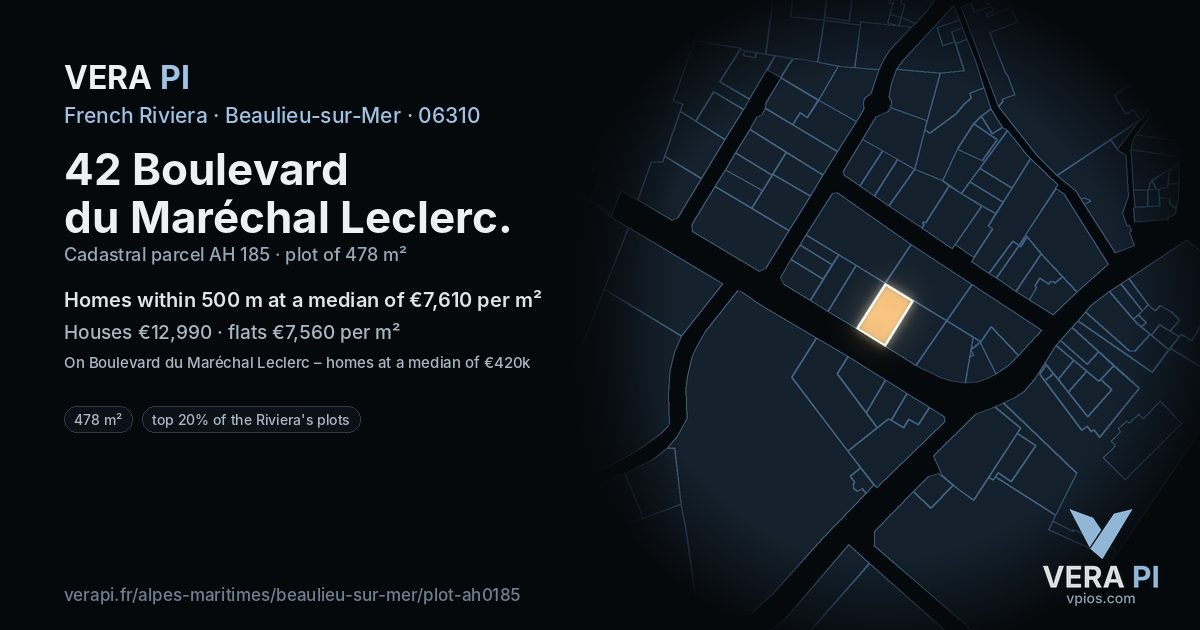 42 Boulevard du Maréchal Leclerc, Beaulieu-sur-Mer at night – the plot lit, the parcels around coloured by the prices near them