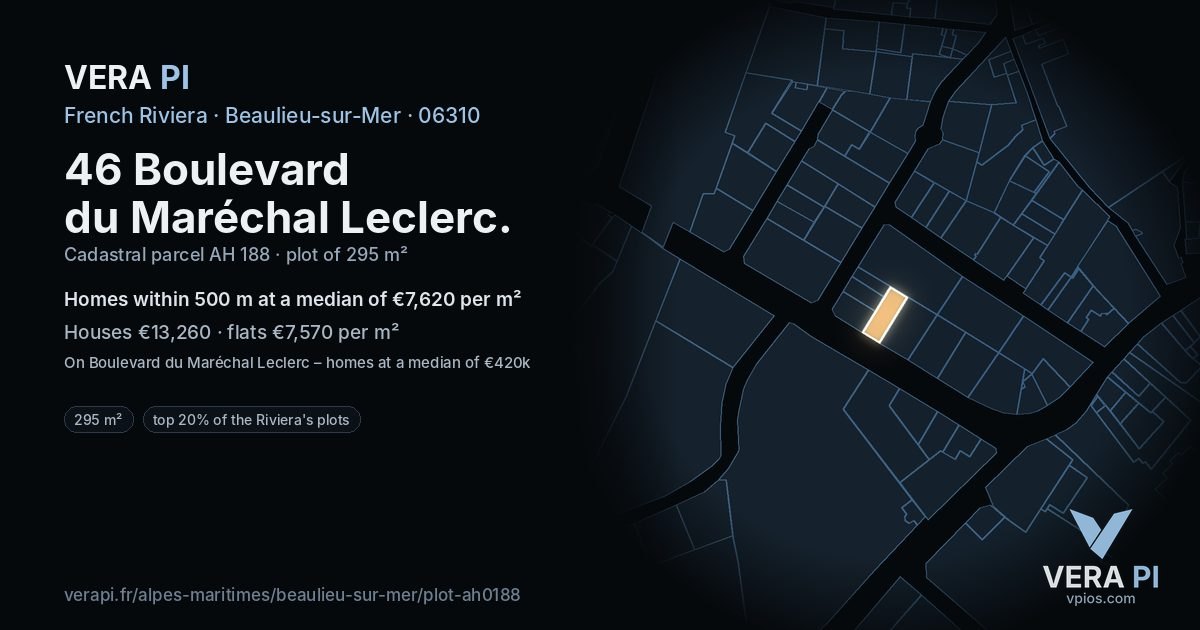 46 Boulevard du Maréchal Leclerc, Beaulieu-sur-Mer at night – the plot lit, the parcels around coloured by the prices near them