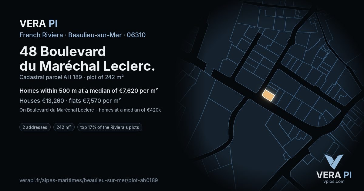 48 Boulevard du Maréchal Leclerc, Beaulieu-sur-Mer at night – the plot lit, the parcels around coloured by the prices near them