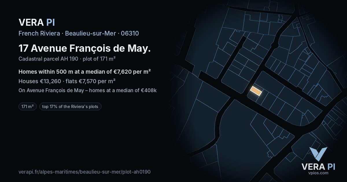 17 Avenue François de May, Beaulieu-sur-Mer at night – the plot lit, the parcels around coloured by the prices near them