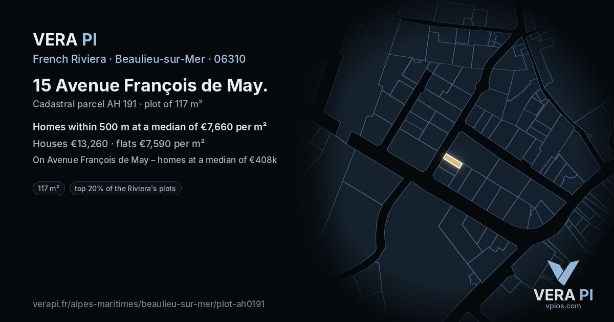 15 Avenue François de May, Beaulieu-sur-Mer at night – the plot lit, the parcels around coloured by the prices near them