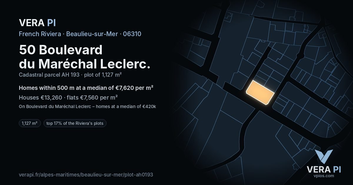 50 Boulevard du Maréchal Leclerc, Beaulieu-sur-Mer at night – the plot lit, the parcels around coloured by the prices near them